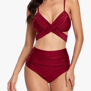Red High Waist Bandage Wrap Bikini Sexy Retro